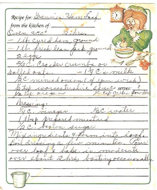 grandma stromberg's ham loaf recipe, hand written